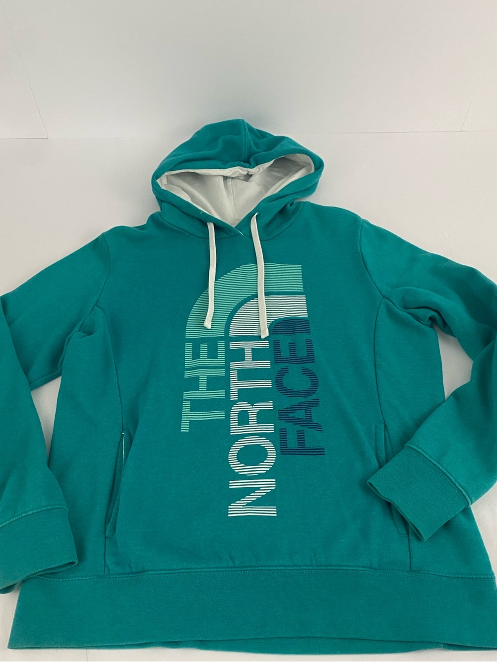 The North Face Womens Teal Hoodie Jacket Vertical Spellout Size Large